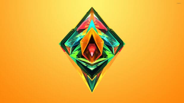 A vibrant abstract design formed by colorful geometric facets on a yellow background, 2K Desktop Wallpaper