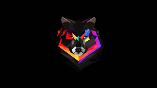 A vibrant geometric wolf face with multicolor patterns by Justin Maller Wallpapers on a black background, 2K Desktop Wallpaper