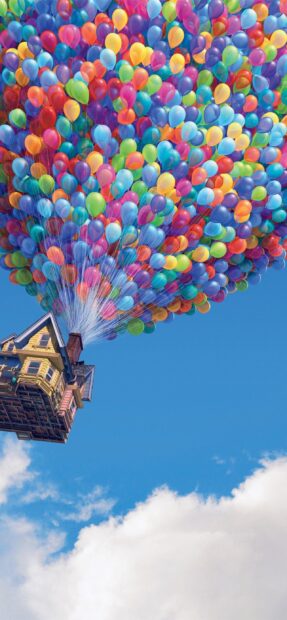 A house is lifted into the sky by numerous colorful balloons against a blue sky in Pixar Wallpapers, 2K Mobile Wallpaper