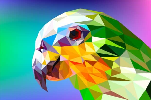A vibrant parrot is shown in facets wallpapers with geometric shapes and bright colors, 2K Desktop Wallpaper