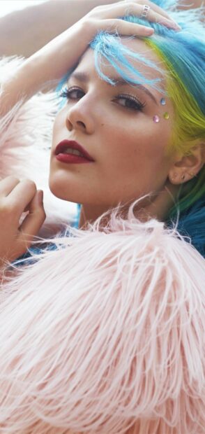 A close up of Halsey with blue and yellow hair and gems on her face, HD Phone Wallpaper