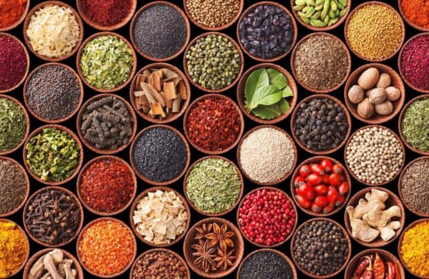 A variety of seasoning wallpapers showing colorful spices and herbs in bowls, HD Desktop Wallpaper