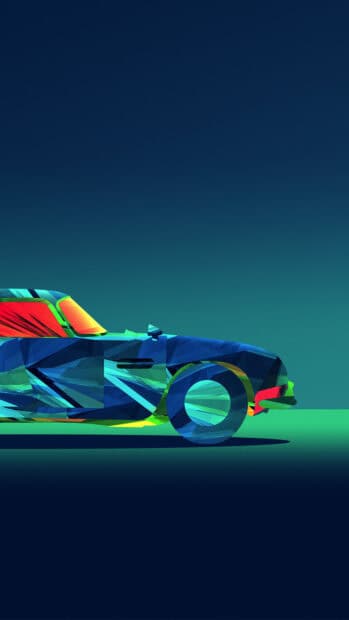 A colorful sports car is illustrated with facets creating a vivid geometric effect, 4K Phone Wallpaper