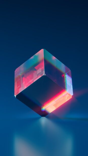 A colorful transparent cube with glowing edges in a dark space illustrates cube wallpapers, 4K Phone Wallpaper