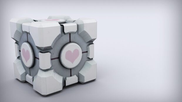 A 3D companion cube with a pink heart symbol shown on its sides in cube wallpapers HD resolution, HD Desktop Wallpaper