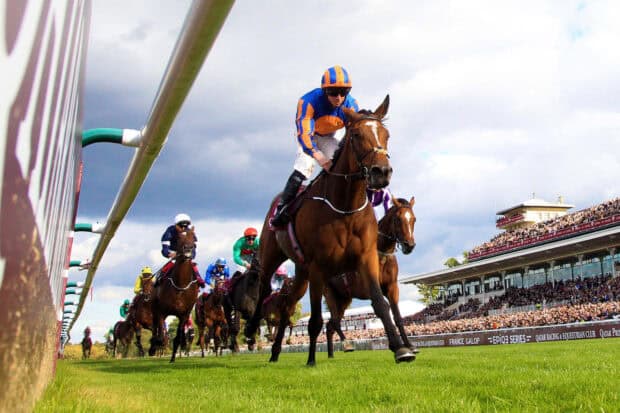 A jockey in blue and orange rides a horse during a competitive horse racing event with a crowd in the background, HD Desktop Wallpaper