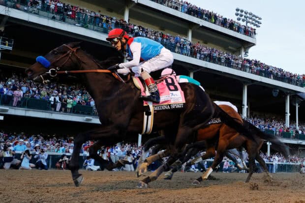 The horse racing scene shows intense competition between jockeys and horses at the track, HD Desktop Wallpaper