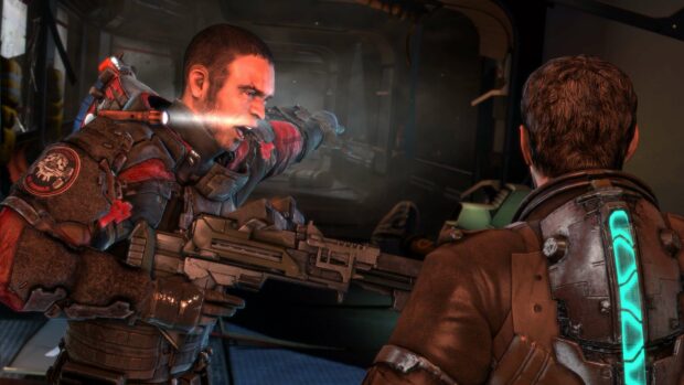 A tense confrontation occurs between two armed characters in a sci fi setting from Dead Space, 4K Desktop Wallpaper