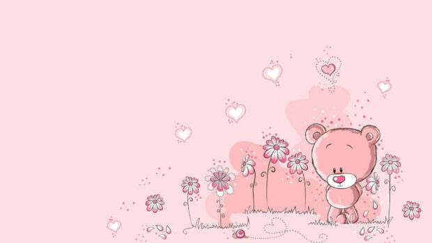 A cute pink bear stands beside flowers with floating hearts on a pastel backdrop, HD Desktop Wallpaper
