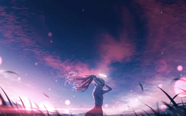 An angelic girl stands under a twilight sky with flowing hair and a glowing halo, 2K Desktop Wallpaper