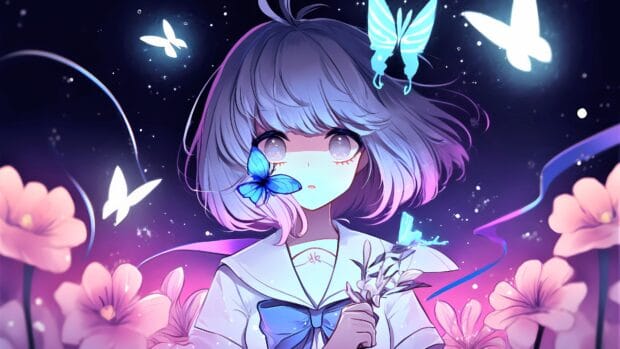 A cool girly wallpaper featuring a girl with butterflies and flowers in a dreamy night scene, 4K Desktop Wallpaper