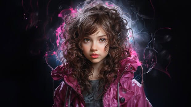 A girl with curly hair wears a pink jacket surrounded by abstract light effects, 4K Desktop Wallpaper
