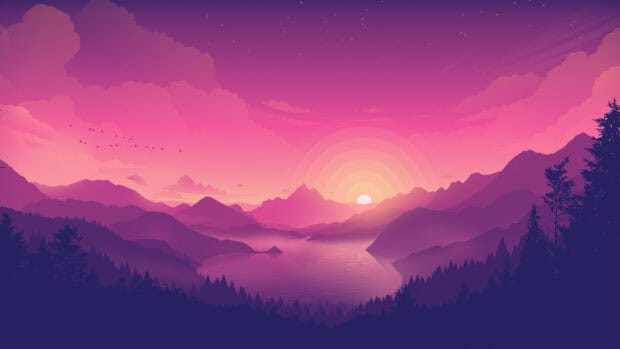 The cool girly wallpapers show a purple and pink sunset over mountains by the lake, 4K Desktop Wallpaper