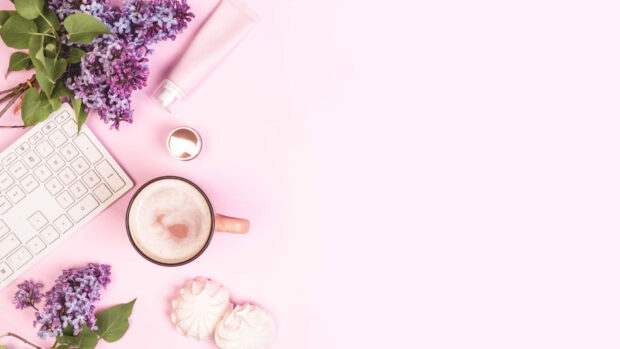 A cool girly HD wallpaper showing a workspace with flowers and a coffee cup on pink, HD Desktop Wallpaper