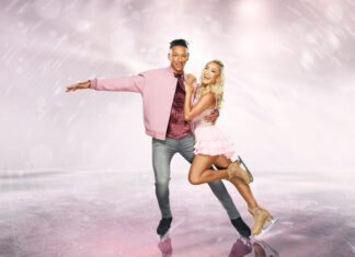 A couple is practicing ice dancing on a rink with bright effects, 2K Desktop Wallpaper