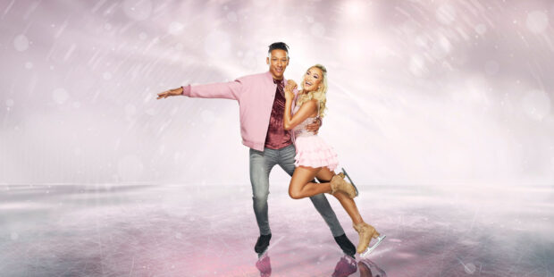 A couple is practicing ice dancing on a rink with bright effects, 2K Desktop Wallpaper