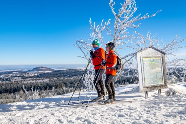 A couple wearing red jackets skiing on a snowy mountain with a clear blue sky, HD Desktop Wallpaper