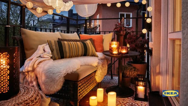A cozy outdoor seating area with warm lights and cushions featuring Ikea Wallpapers, HD Desktop Wallpaper