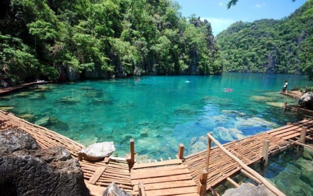 This image shows the crystal clear water of Palawan surrounded by lush greenery and rocky formations, HD Desktop Wallpaper