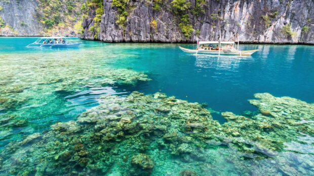 The crystal clear waters of Palawan reveal vibrant coral reefs and traditional boats near limestone cliffs, HD Desktop Wallpaper
