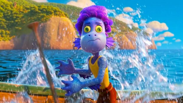 A blue scaled character from Luca Wallpapers splashes water near a boat under a bright sky, HD Desktop Wallpaper
