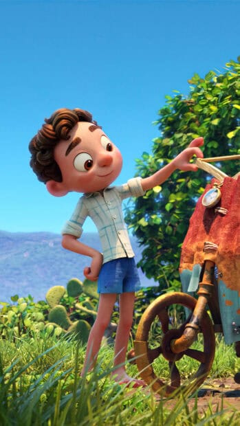 A curious boy explores nature with an old bicycle in a sunny landscape from Pixar Wallpapers, 4K Mobile Wallpaper