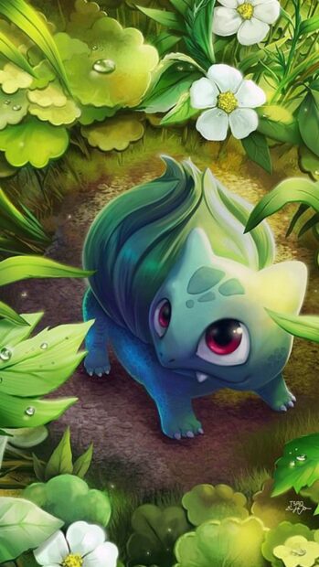 A Bulbasaur stands among green plants and white flowers in a vibrant setting related to Grass Pokemon Wallpapers, HD Phone Wallpaper
