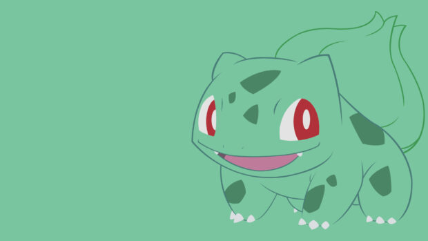 A cute Grass Pokemon Bulbasaur is smiling on a simple green background, HD Desktop Wallpaper