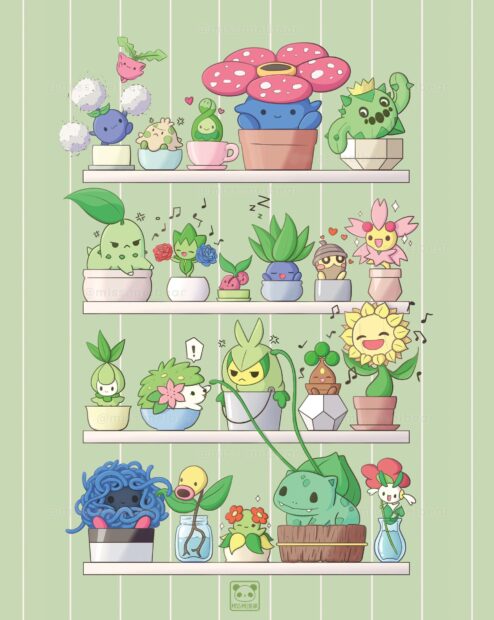 A collection of Grass Pokemon characters arranged on shelves in various pots and containers, HD Mobile Wallpaper