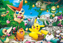 A group of Grass Pokemon and friends happily eating fruits in a bright forest scene, HD Desktop Wallpaper