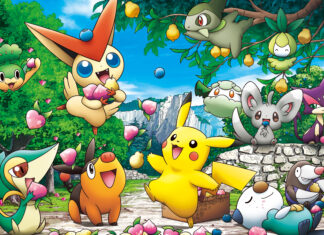 A group of Grass Pokemon and friends happily eating fruits in a bright forest scene, HD Desktop Wallpaper