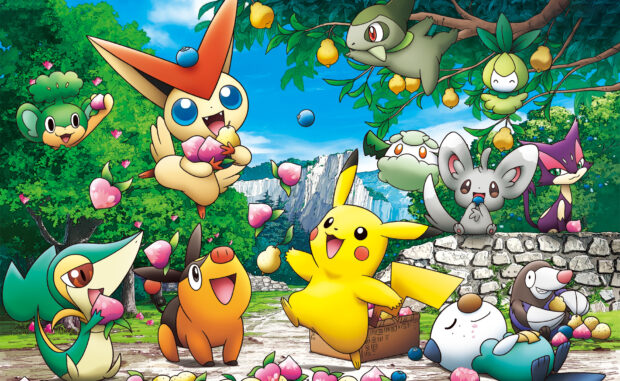 A group of Grass Pokemon and friends happily eating fruits in a bright forest scene, HD Desktop Wallpaper