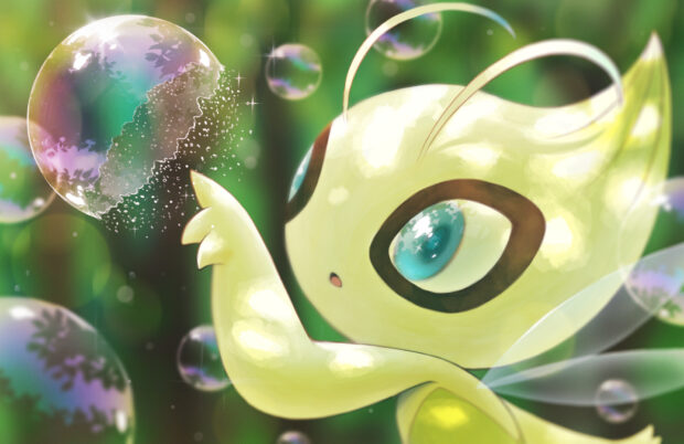 A cute Grass Pokemon is gently touching a colorful bubble in a vibrant forest scene, HD Desktop Wallpaper