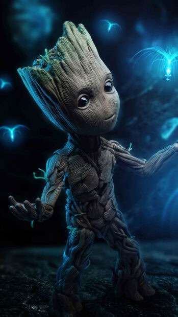 A detailed Groot character reaching out in a glowing cosmic background, 4K Phone Wallpaper