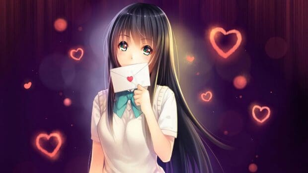 A cool girly wallpapers anime girl is holding a love letter with hearts floating around, 4K Desktop Wallpaper