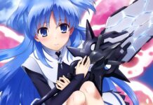 A blue haired anime girl holds a large futuristic weapon against a vibrant sky background in Worldend Anime Wallpapers, 4K Mobile Wallpaper