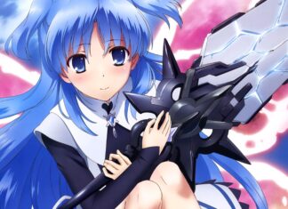 A blue haired anime girl holds a large futuristic weapon against a vibrant sky background in Worldend Anime Wallpapers, 4K Mobile Wallpaper