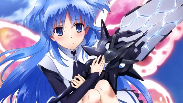 A blue haired anime girl holds a large futuristic weapon against a vibrant sky background in Worldend Anime Wallpapers, 4K Mobile Wallpaper