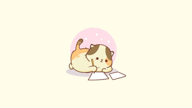 A cute cat is lying down and drawing on paper with cool girly wallpapers in the background, 4K Desktop Wallpaper