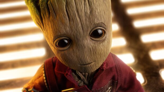 A close up of Groot wearing a red outfit with a soft lit background, HD Desktop Wallpaper