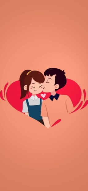 A boy is kissing a girl on the cheek with a heart shape background, HD Mobile Wallpaper