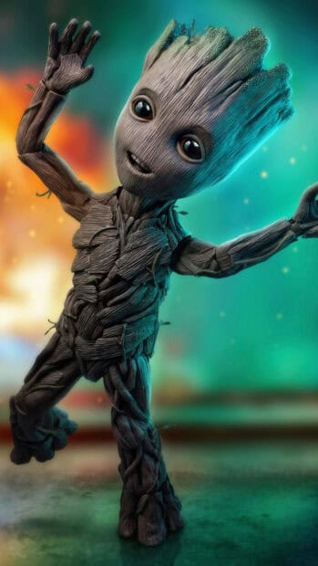 A cute Groot character is dancing happily with a vibrant and colorful background, 4K Phone Wallpaper