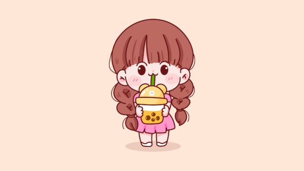 A cute girl is happily drinking a cup of bubble tea with a bear shaped lid, 4K Mobile Wallpaper
