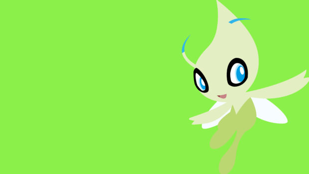 A cute green Ghost type Pokemon with blue eyes flying on a bright green background, 4K Desktop Wallpaper