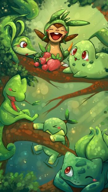 A joyful group of grass Pokemon enjoying time together on tree branches, HD Phone Wallpaper