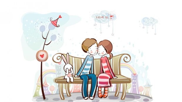 A love couple sits closely on a bench with a pink bunny covering its eyes, 2K Desktop Wallpaper