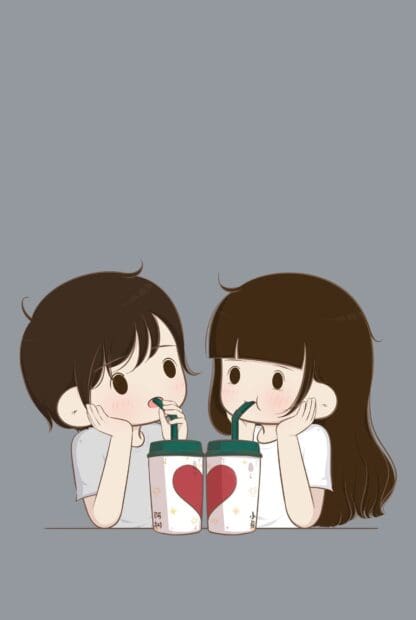 A cute love couple is sharing drinks with connected cups forming a heart shape, HD Phone Wallpaper
