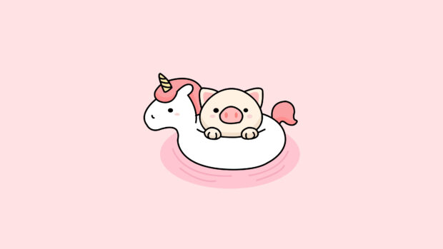 A cute pig is resting on a white unicorn float in soft pink water, 4K Desktop Wallpaper