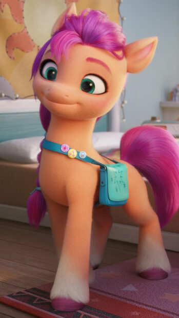A smiling pony with pink hair wears a blue saddlebag in a cozy room, 4K Phone Wallpaper