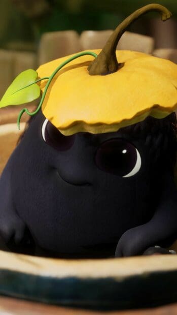 A small black spirit wears a yellow leaf hat in Kena Bridge Of Spirits game, HD Phone Wallpaper